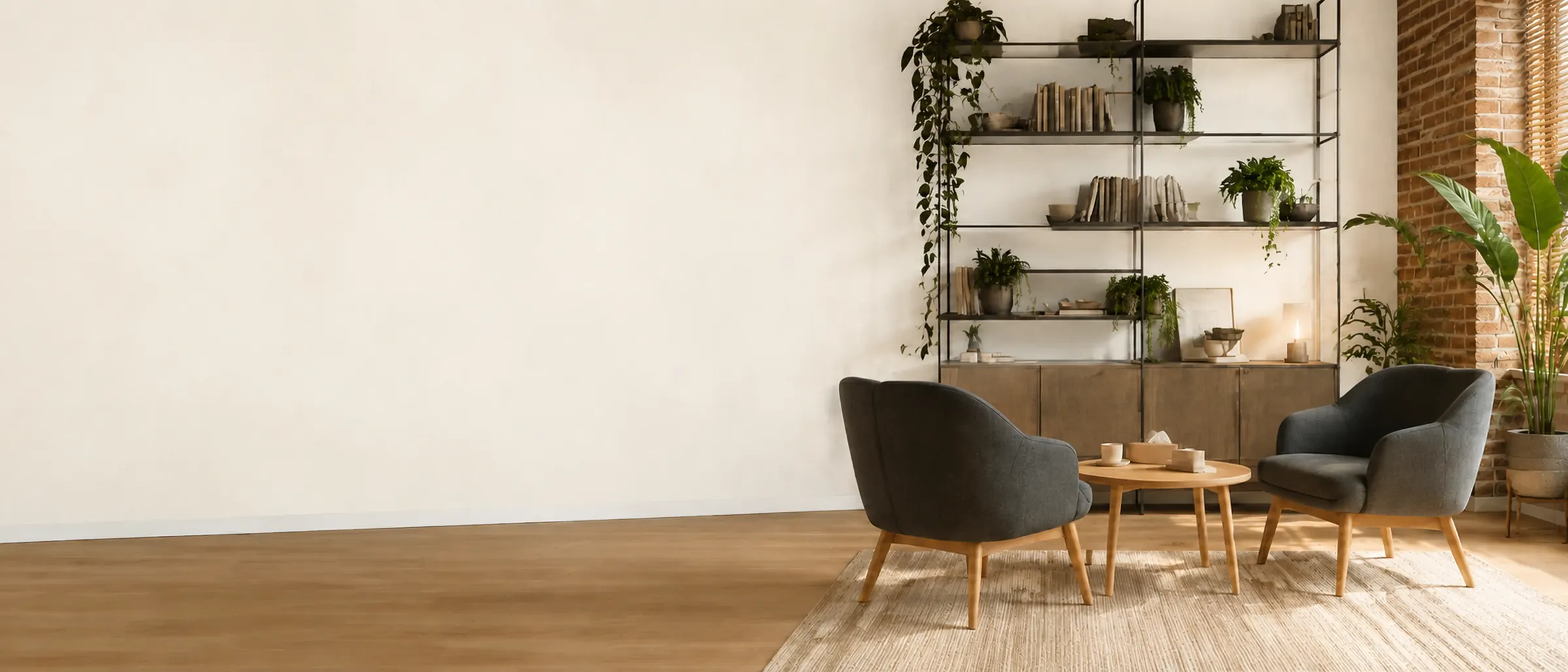 Interior del consultorio de psicoterapia en Tapachula: dos sillones enfrentados, mesa de centro, plantas y libreros