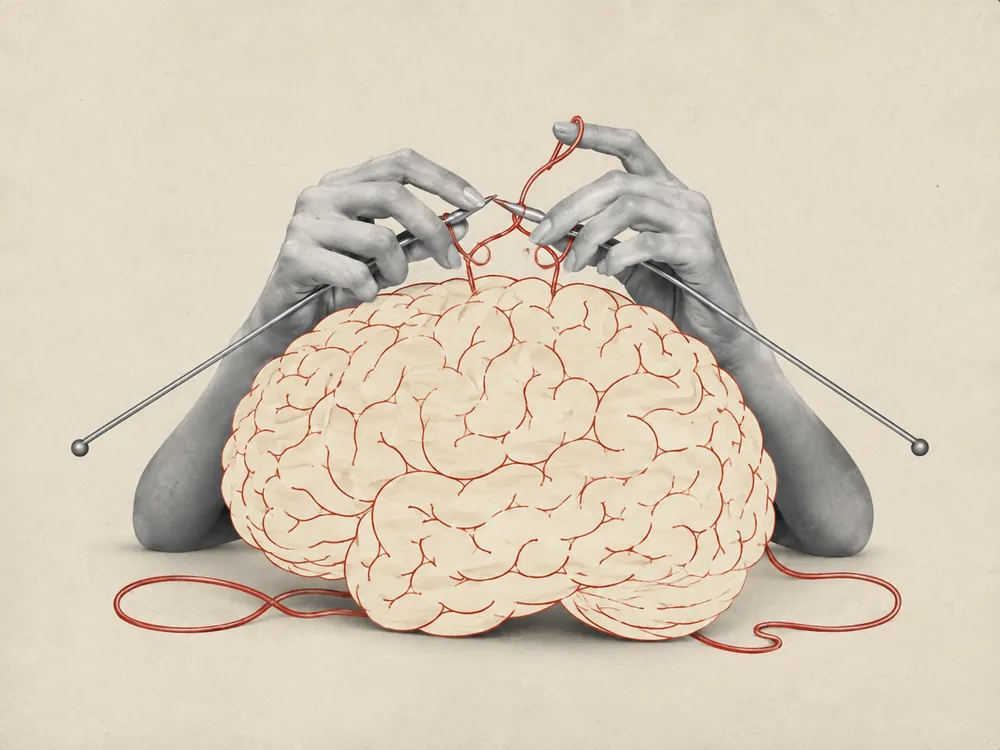 Ilustración de unas manos desenredando con agujas los hilos que envuelven un cerebro