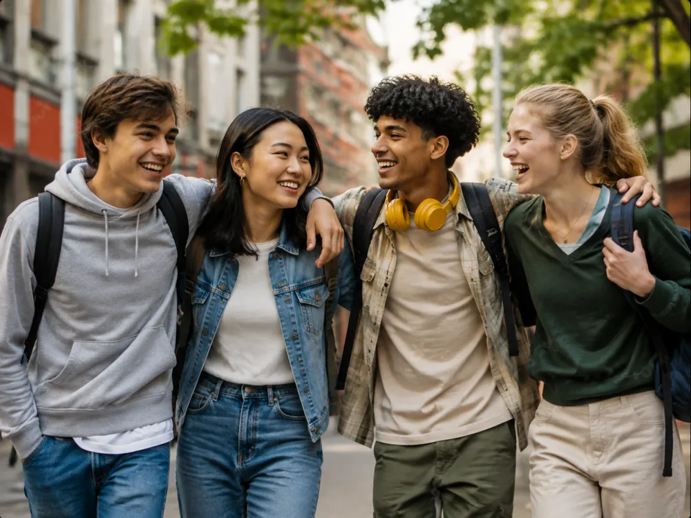 Cuatro adolescentes caminando juntos y conversando, apoyándose entre sí