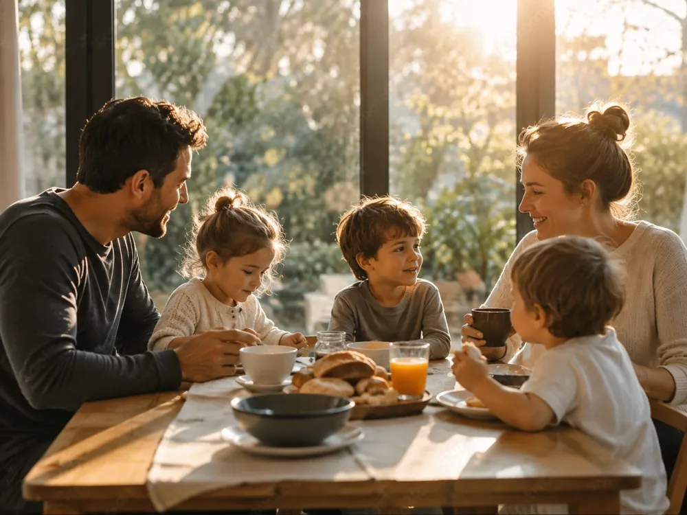 Familia con hijos pequeños desayunando y conversando alrededor de la mesa