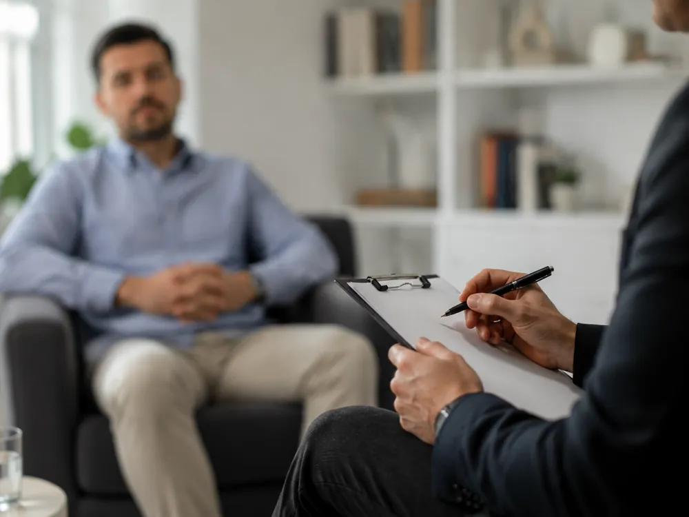 Paciente adulto en sesión de psicoterapia individual, sentado frente al terapeuta que toma notas