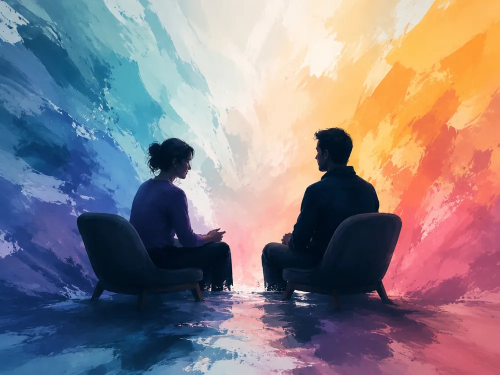Ilustración de dos personas sentadas frente a frente dialogando, entre trazos de colores